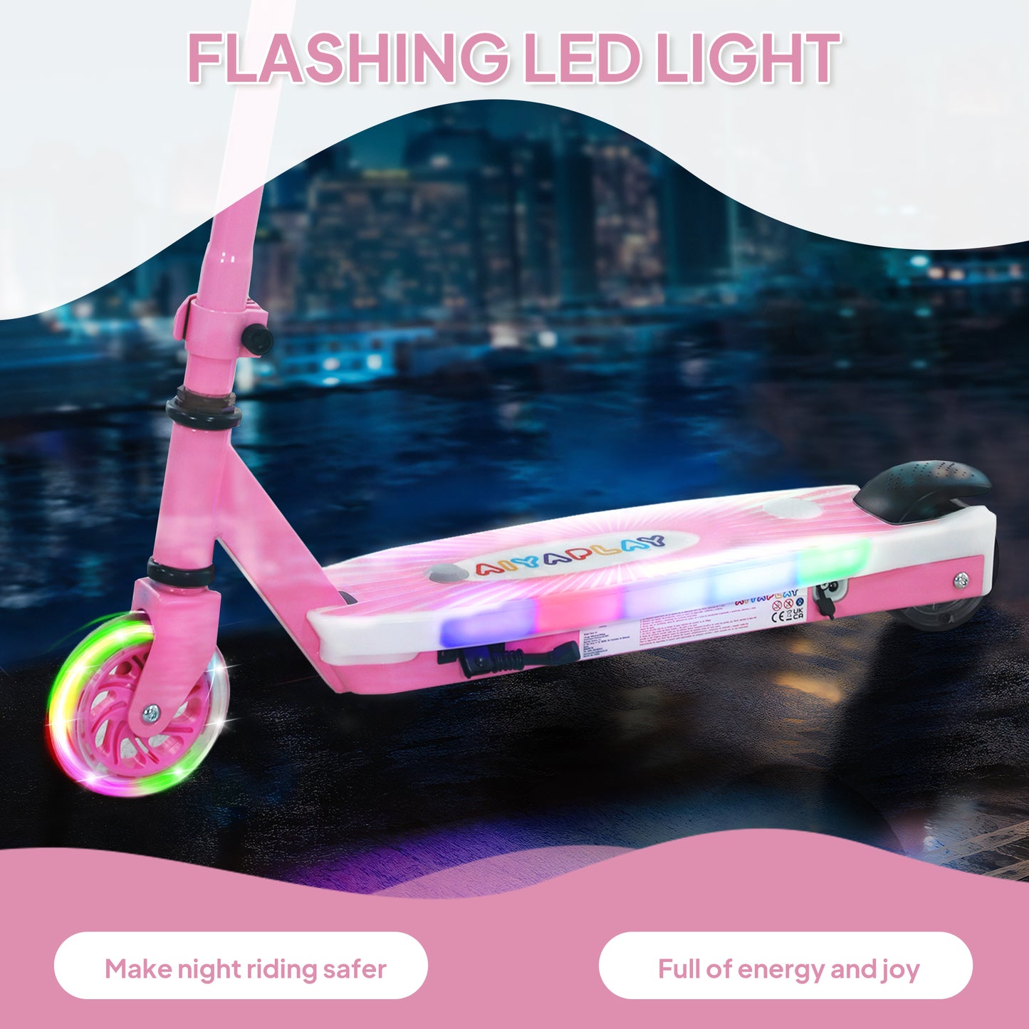 AIYAPLAY Electric Scooter for Kids Ages 4-7, with Rear Wheels, LED Light & Electric Brake, 6 KM/H & 8 KM Range, Pink