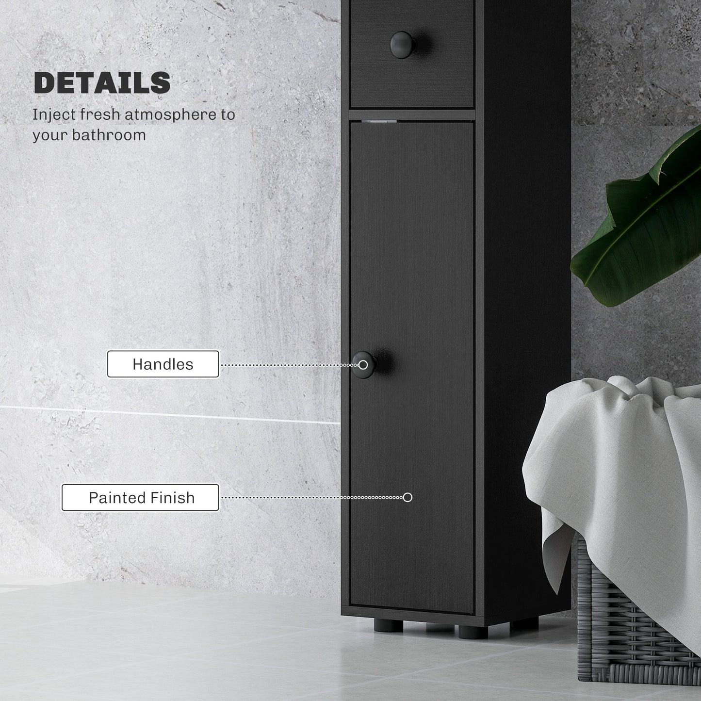 kleankin 180cm Slim Bathroom Cabinet, with Drawer, Shelves and Cupboards - Black