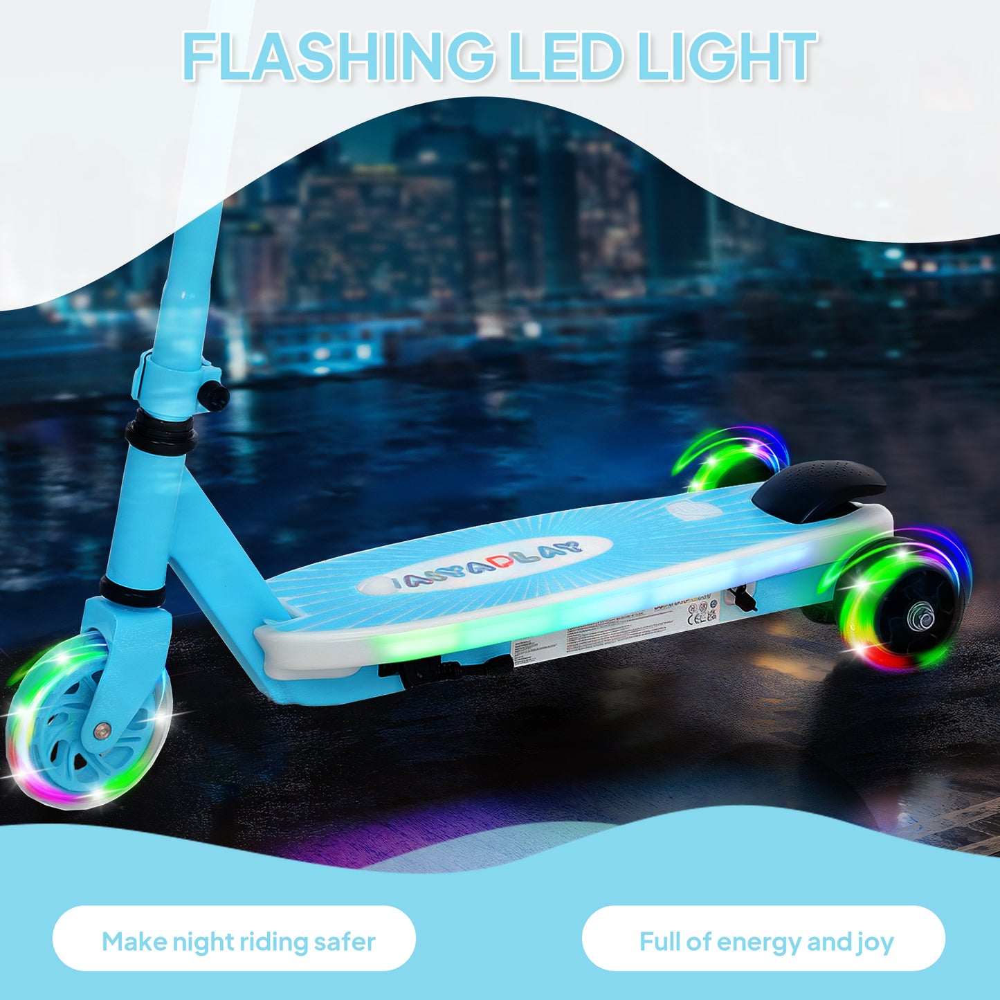 AIYAPLAY Electric Scooter for Kids Ages 4-7, Auxiliary Wheels, LED Light, Electric Brake, 6 KM/H, Blue