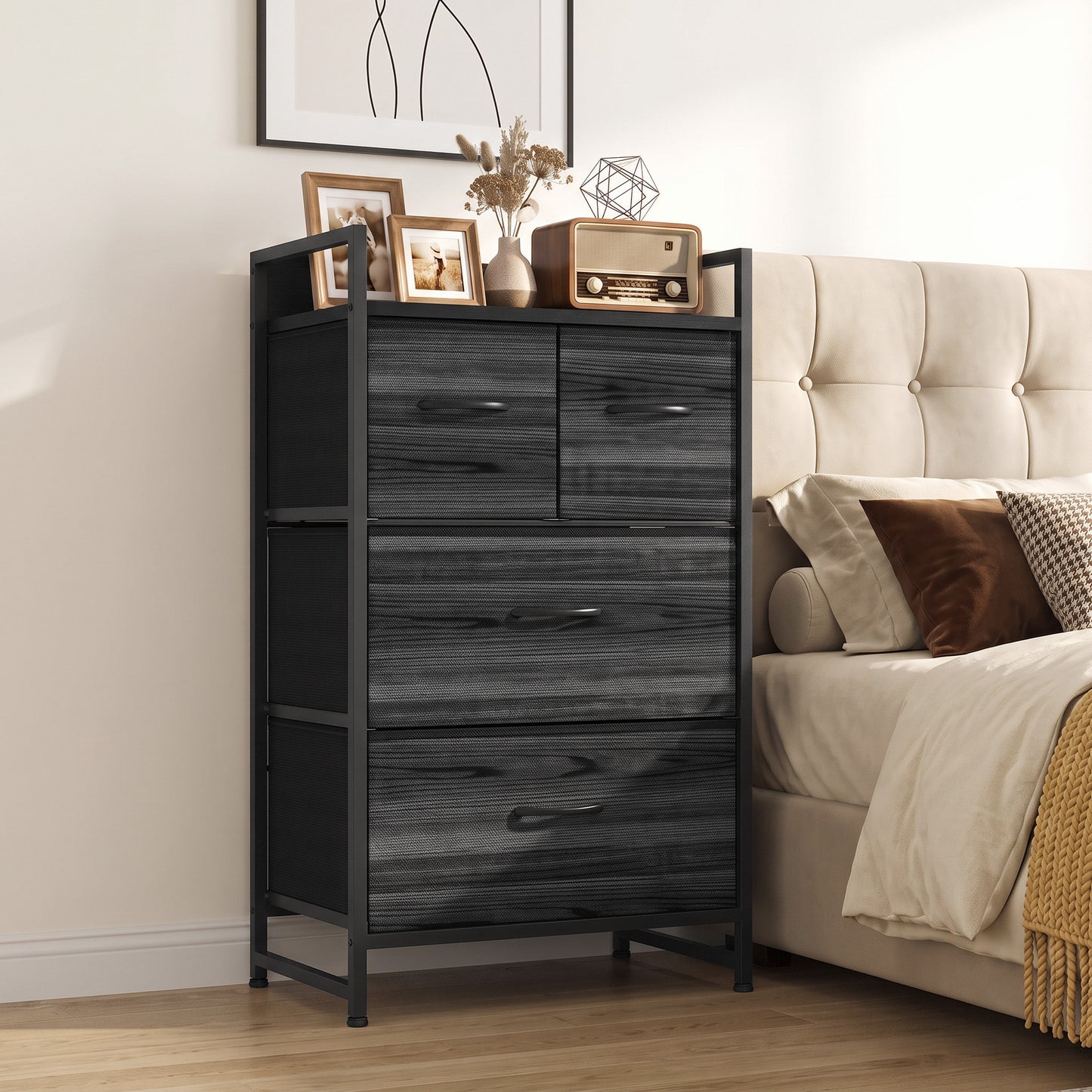 HOMCOM Rustic Chest of Four Fabric Drawers - Black Wood Effect