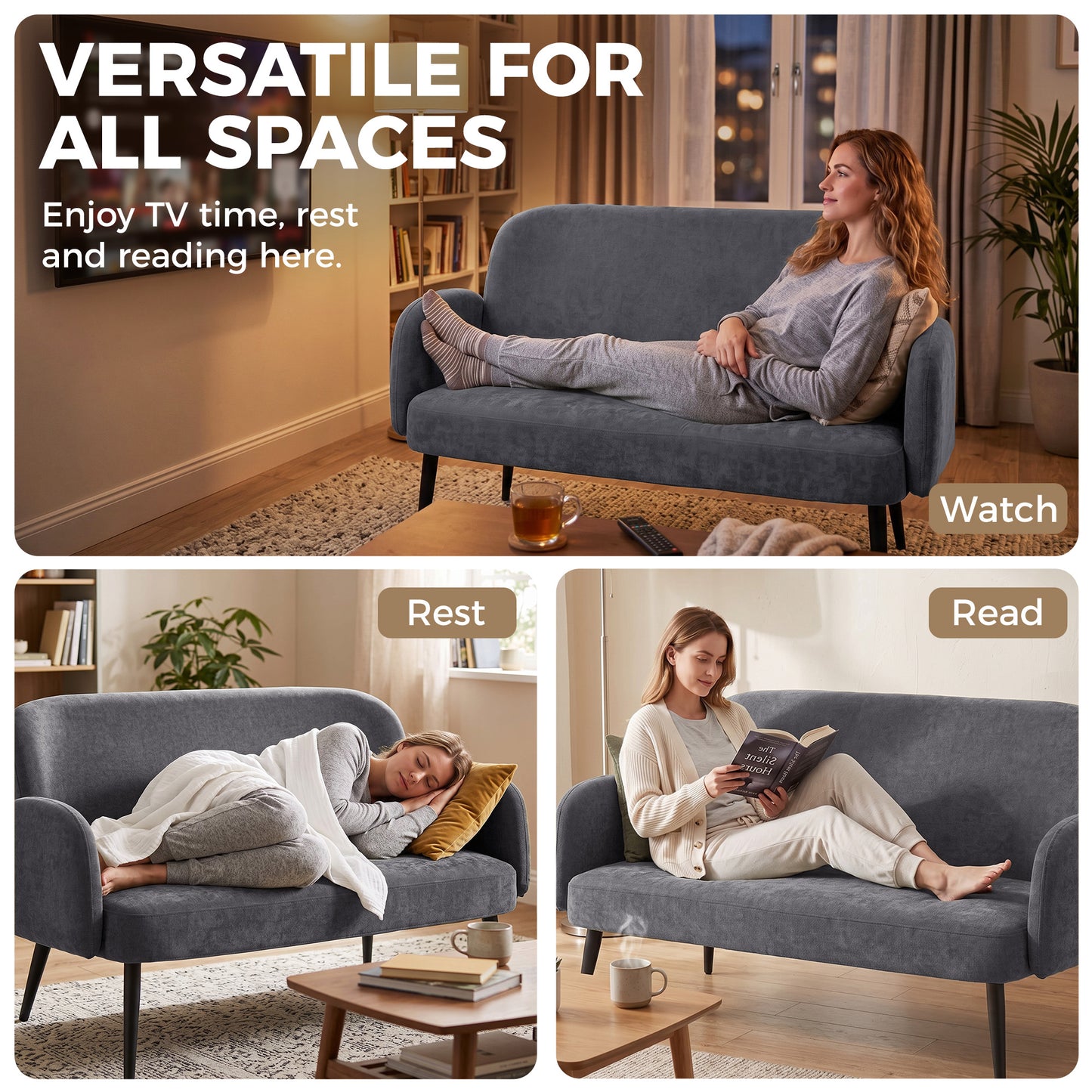 HOMCOM 132cm 2 Seater Sofa, Velvet Comfy Small Sofa Couch with Wide Seat, Thick Padding, Tapered Metal Legs, Dark Grey