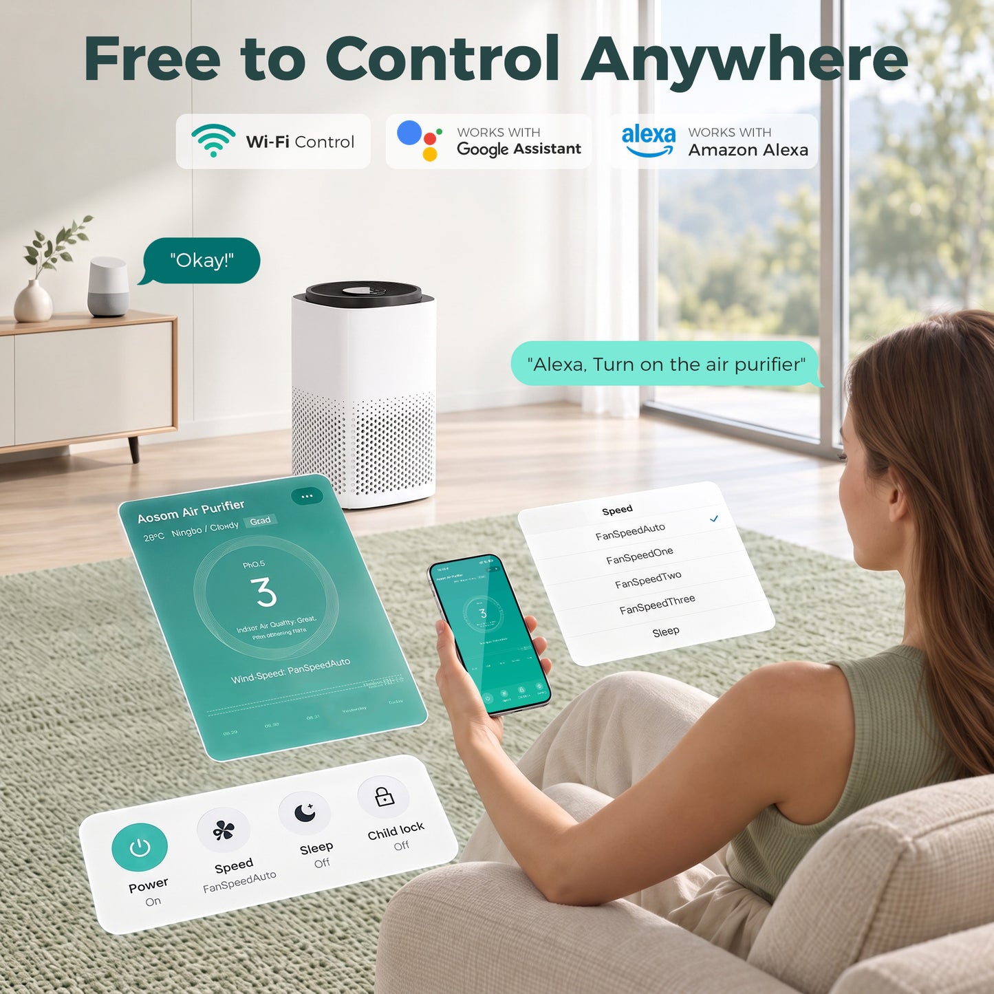 HOMCOM Smart Air Purifier for Home, HEPA Filter, Sleep/Auto Mode, 27m², Air Cleaner, App & Voice Control, Quiet, AQI Indicator