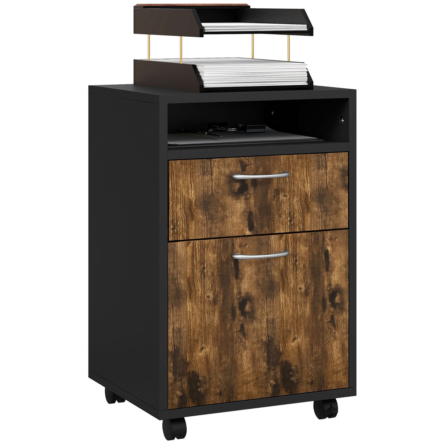 HOMCOM 60cm Storage Cabinet with Drawer, Open Shelf, Metal Handles and 4 Wheels, Office Home Organiser Mobile Printer, Rustic Brown