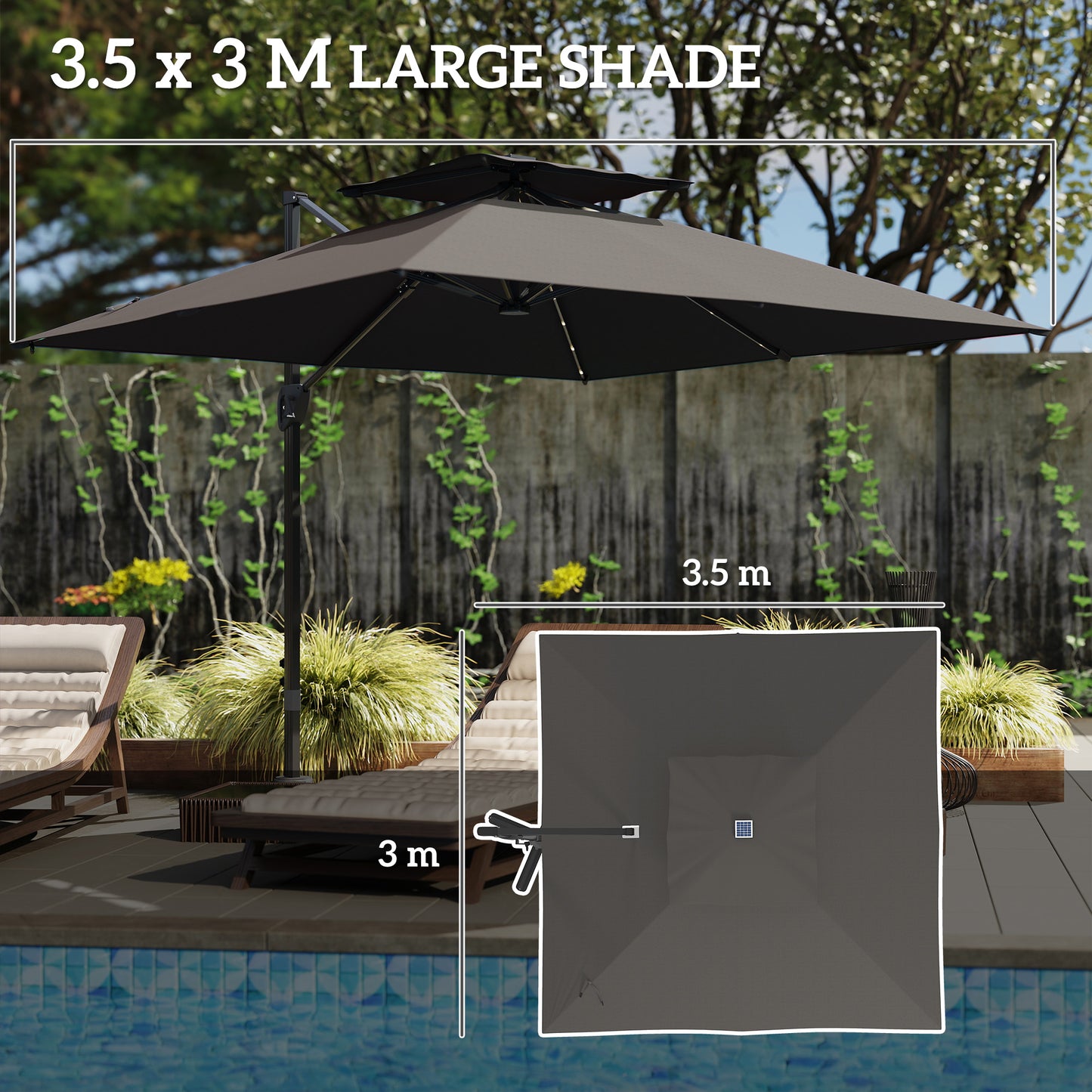 Outsunny Garden Cantilever Parasol w/ Solar LED Lights, Aluminium Patio Umbrella, UPF50+ Shade, Cross Base, Crank & Tilt, 3.5x3 m, Grey