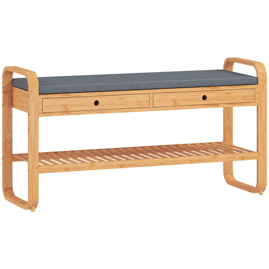 HOMCOM Shoe Bench with 2 Drawers Cushioned Seat Shoe Storage Bench for Hallway 105 cm Natural and Grey