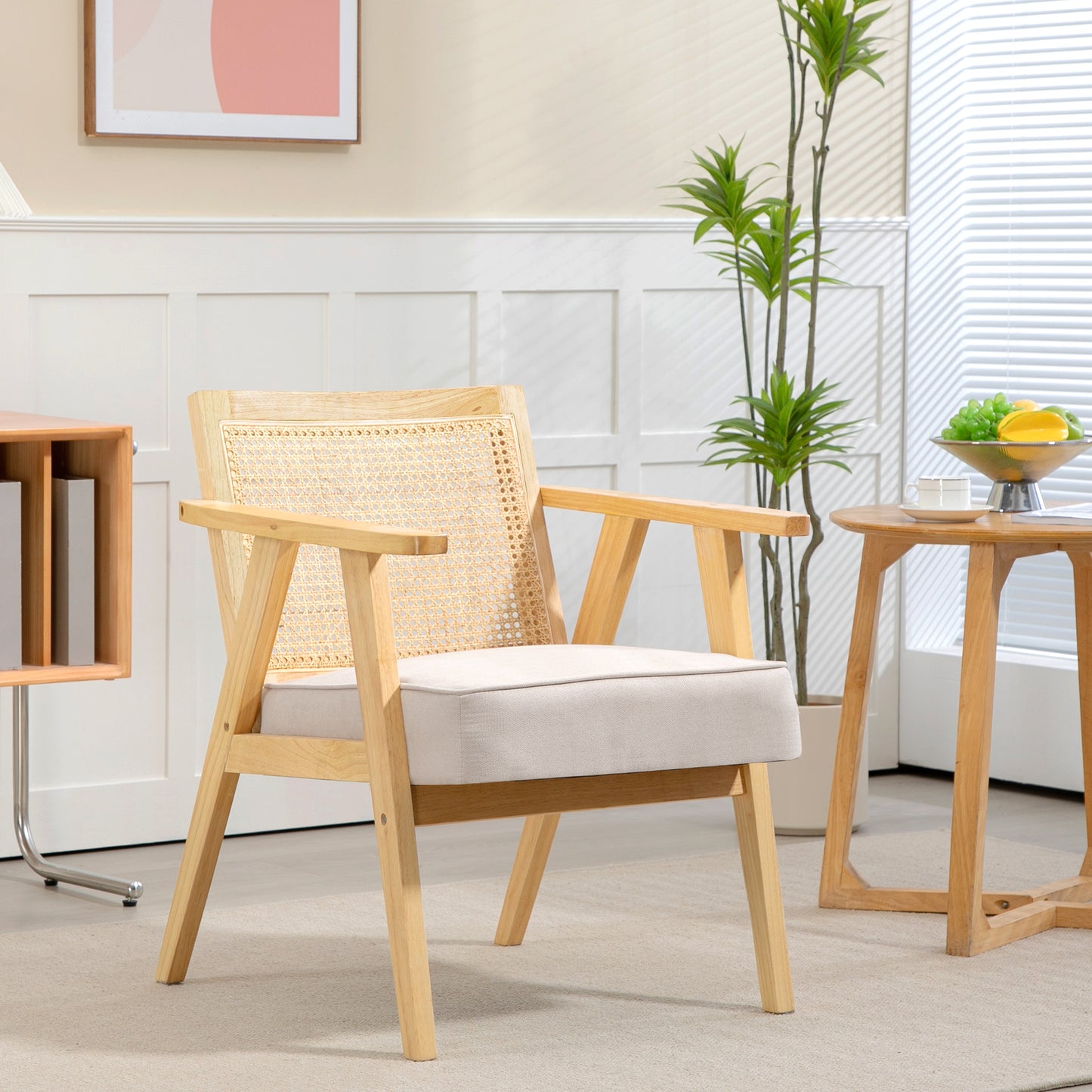 HOMCOM Bohemian Armchair, Fabric Seat, Rattan Back, Rubber Wood Frame, Natural Finish
