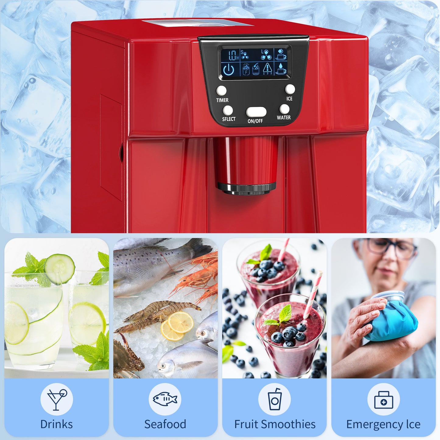 HOMCOM 3L Ice Maker Machine and Water Dispenser, 12kg in 24H, 2 Sizes 9 Ice Cubes Ready in 6-10 Mins Ice Machine, Red