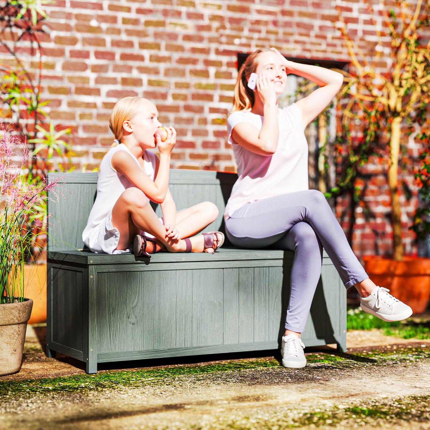 Outsunny Wood Storage Bench for Patio Furniture, Outdoor Garden Seating Tools, Grey