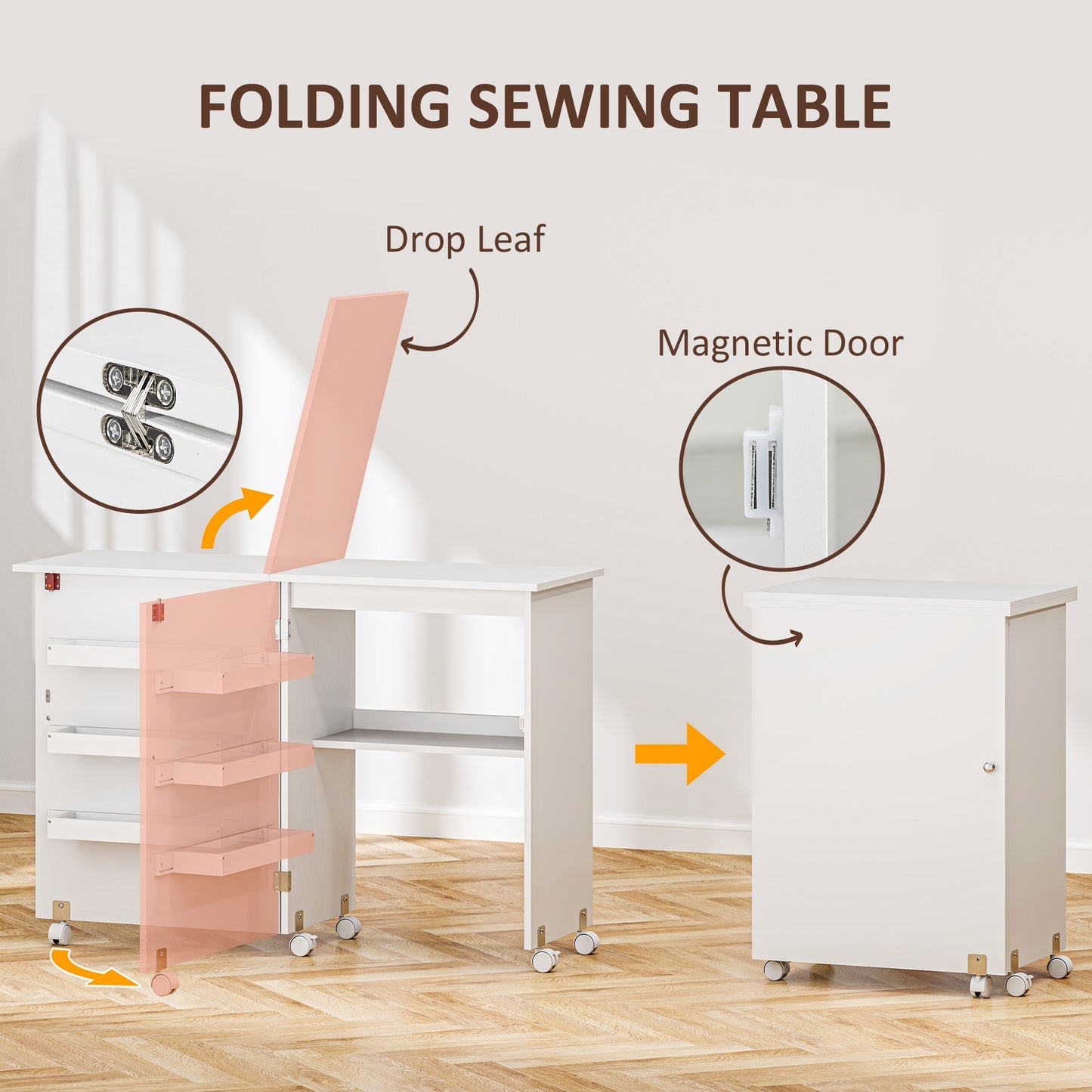 HOMCOM Folding Sewing Table, Drop Leaf Design, Storage Bins & Rolling Wheels, White