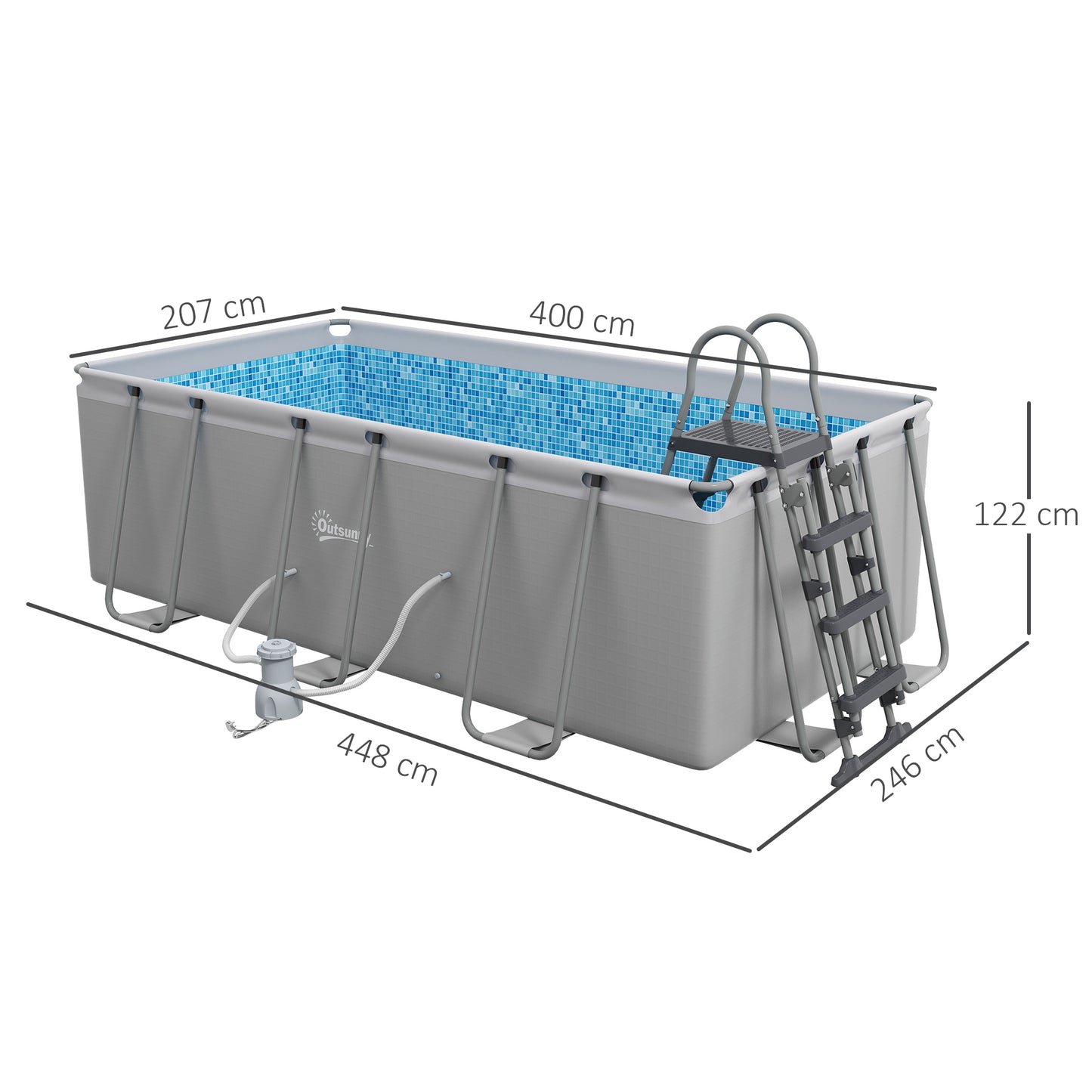 Outsunny Rectangle Steel Frame Swimming Pool with Ladder and Pump - Grey
