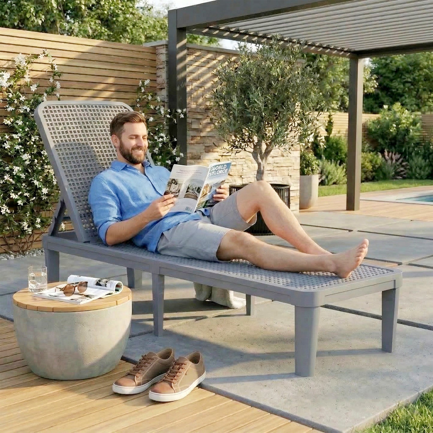 Outsunny Plastic Sun Lounger, 4-Position Adjustable Reclining Garden Lounger Sunbed for Patio, Beach, Terrace, Dark Grey