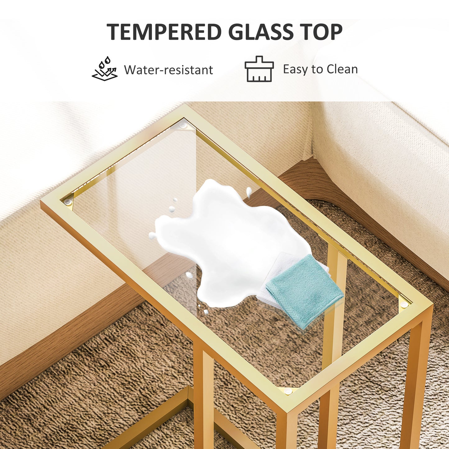 HOMCOM C-Shaped Bedside Table, Modern Side Table with Tempered Glass Tabletop, Steel Frame for Small Space, Living Room, Bedroom, Gold Tone
