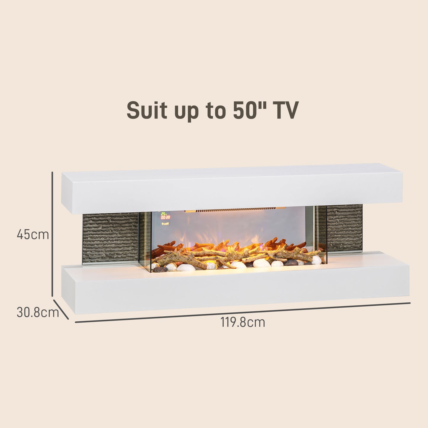 HOMCOM 47inch / 120cm Electric Fireplace Wall Mounted, Freestanding, Glass Electric Fire Suite with Mantel