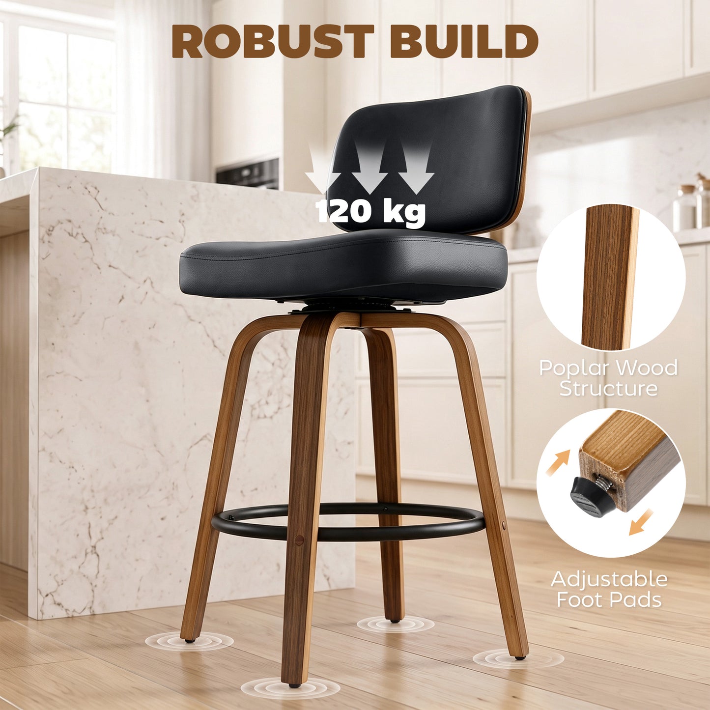 HOMCOM Bar Stools 360° Swivel Breakfast Bar Stools Padded PU Seat Footrest Set of 2 Black