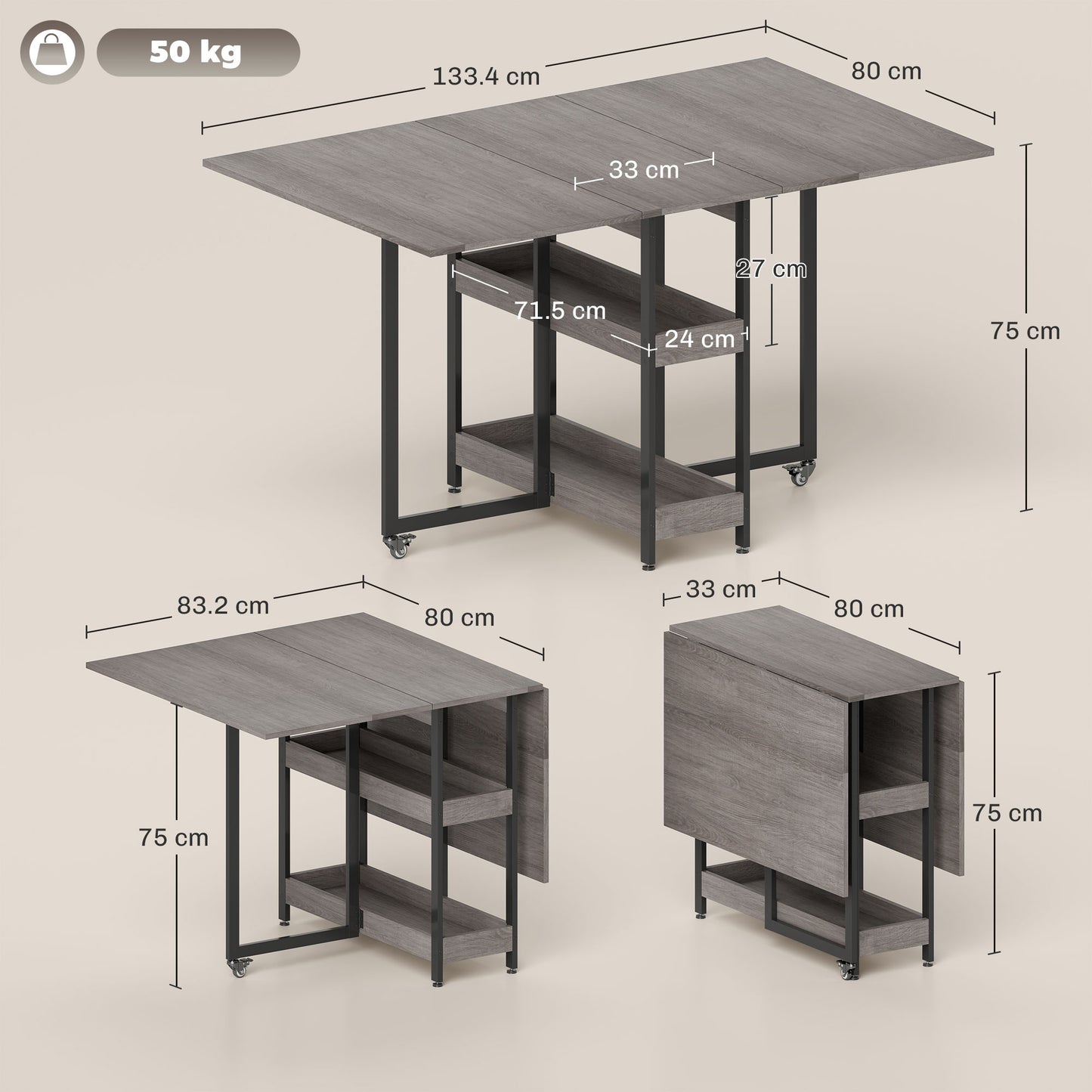 HOMCOM Industrial Folding Dining Table, Drop Leaf Table with Open Compartments for Small Spaces, Kitchen, Dining Room, Grey
