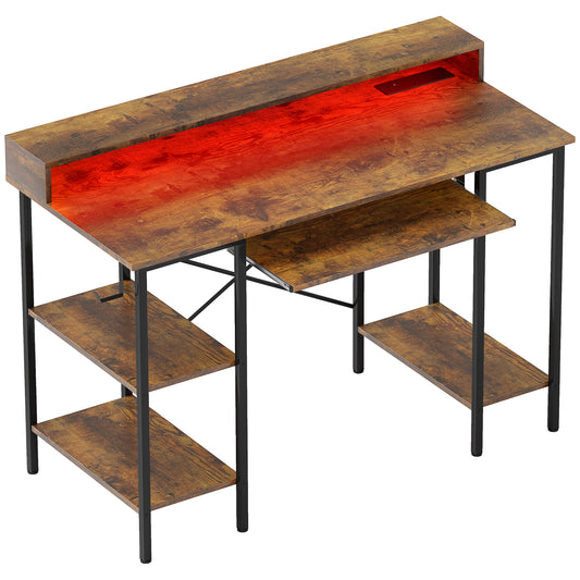 HOMCOM Reversible Computer Desk, LED Lights, Power Outlets, Monitor Stand, Keyboard Tray, Storage Shelves, 120x55 cm, Rustic Brown