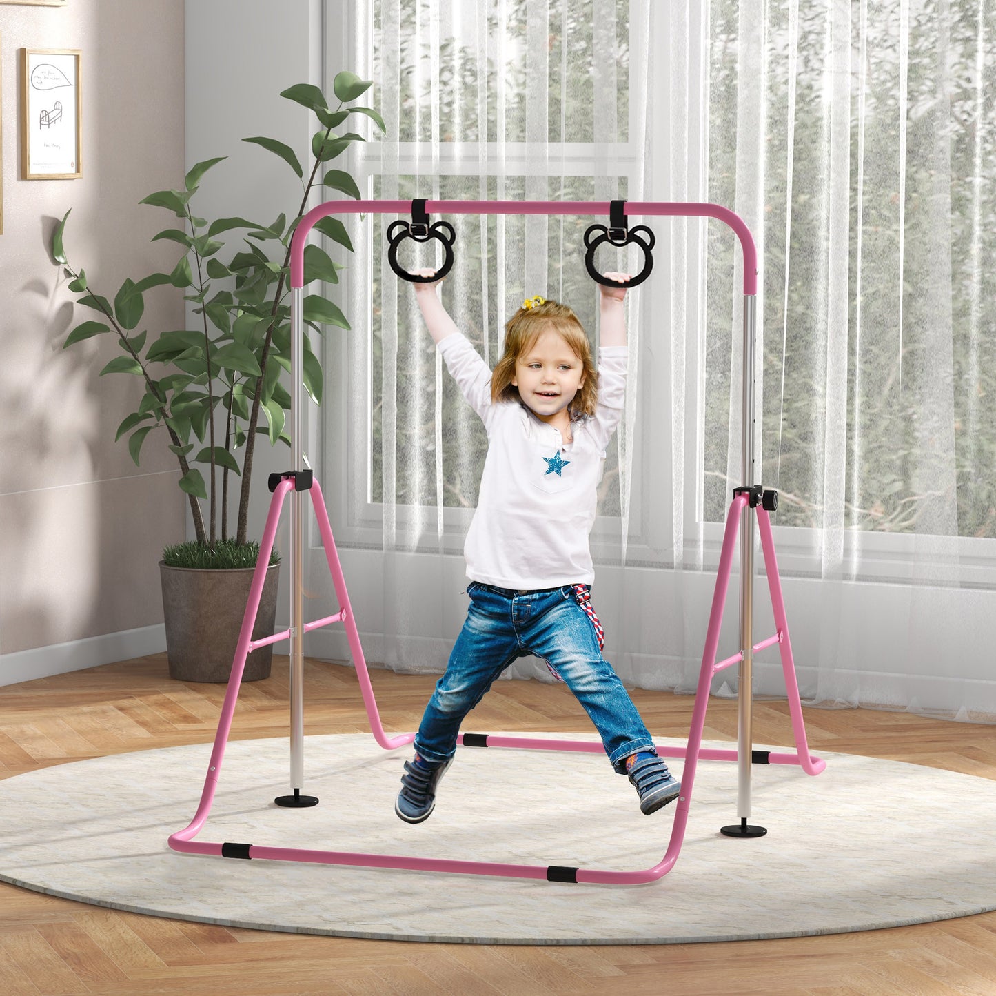 HOMCOM Adjustable Height, Foldable Kids Gymnastics Bar w/ Non-Slip Mats, for 3+ Years, Pink