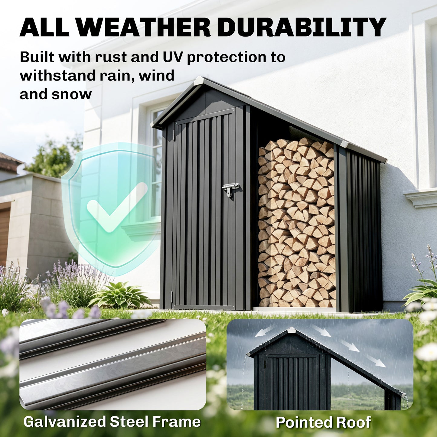 Outsunny 2 in 1 Galvanised Steel Firewood Shed, Outdoor Log Storage Shed with Tool Cabinet and Firewood Rack, Dark Grey