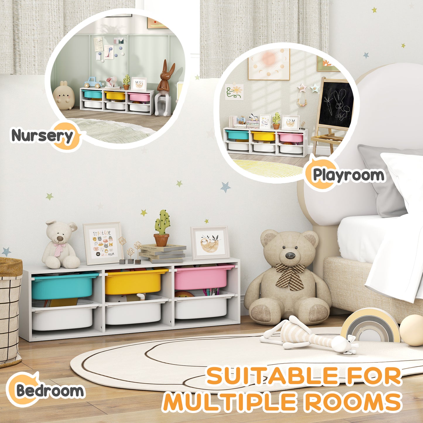 AIYAPLAY Low Height 2 Tiers Storage Organiser, Kids Toy Storage Unit with 6 Removable Bins for Bedroom, Nursery, Playroom