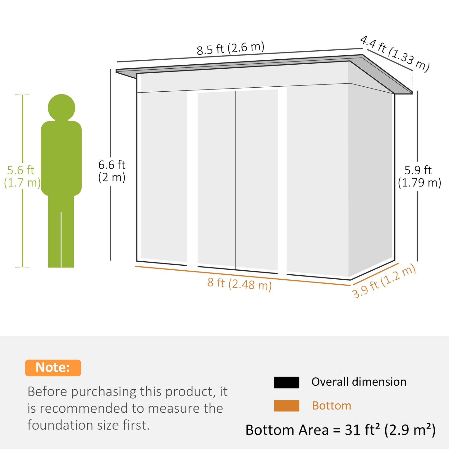 Outsunny Pent Roofed Metal Garden Shed House Hut Gardening Tool Storage w/ Ventilation 260L x 133W x 200Hcm