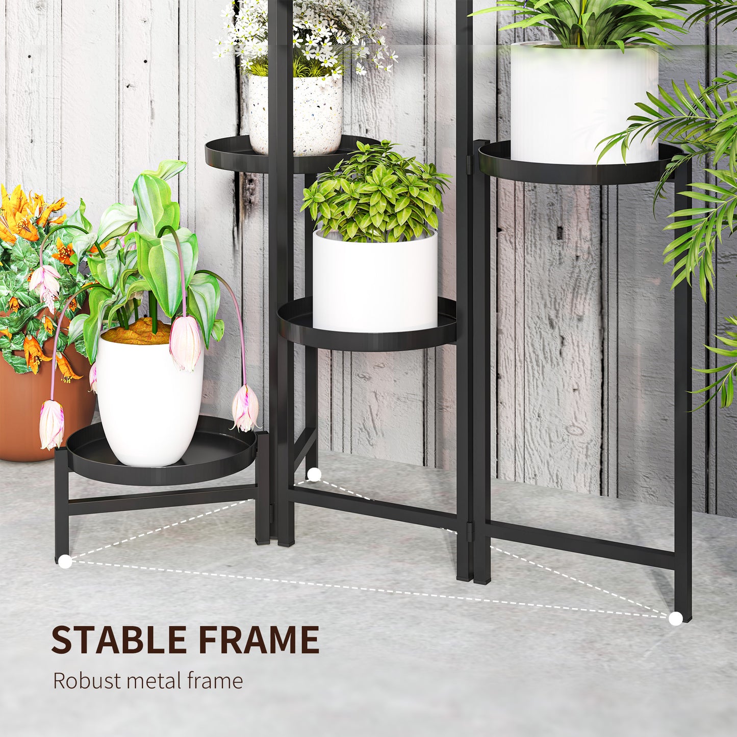 Outsunny 3 Tier Indoor Outdoor Foldable Corner Plant Stand, Metal Round Flower Pot Holder, Black