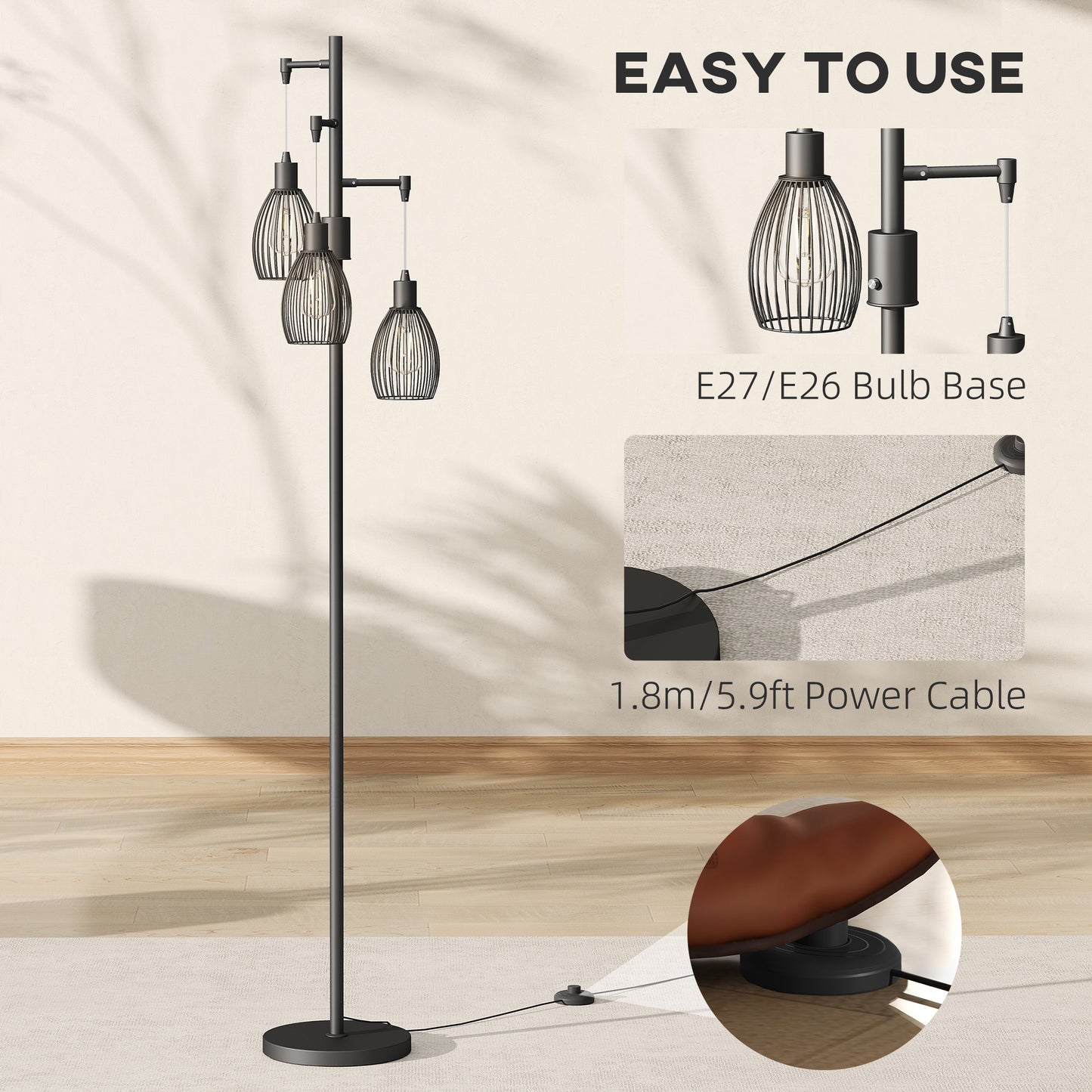 HOMCOM 3-Light LED Floor Lamp, 170cm Industrial Dimmable with Steel Wire Cage Lampshades, 2700K for Living Room, Bedroom, Black