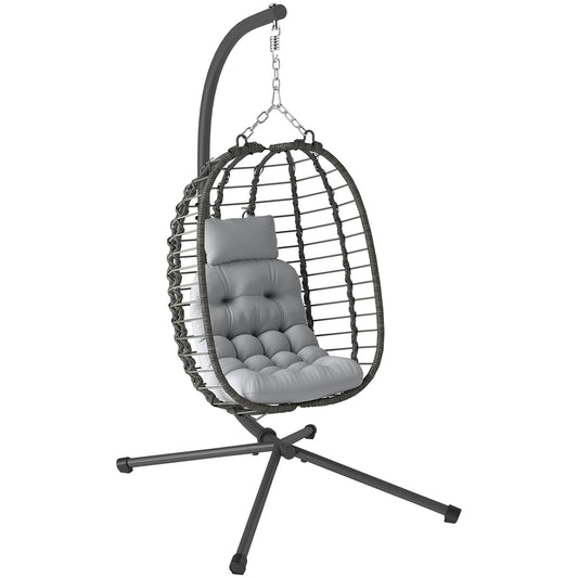 Outsunny Rattan Hanging Egg Chair, Foldable Hammock Swing with Cushion, Stand, Adjustable Height, Pillow, Steel Frame for Garden, Light Grey