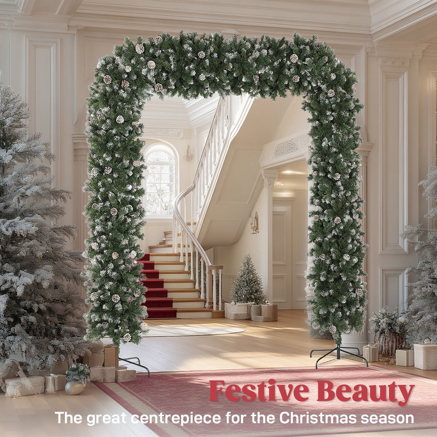HOMCOM Christmas Tree Arch, 8.2 ft Snow Frosted with 2100 Tips & 96 Pinecones, Artificial Xmas Decoration with Metal Stand, Green