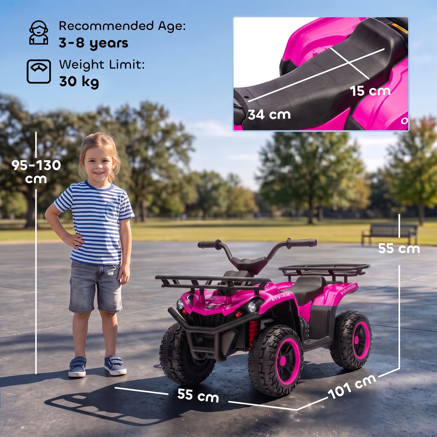 AIYAPLAY 12V Kids Electric Quad Bike, Ride on ATV with Dual Motors, Soft Start, Storage, Music, Lights for 3-8 Years, Pink