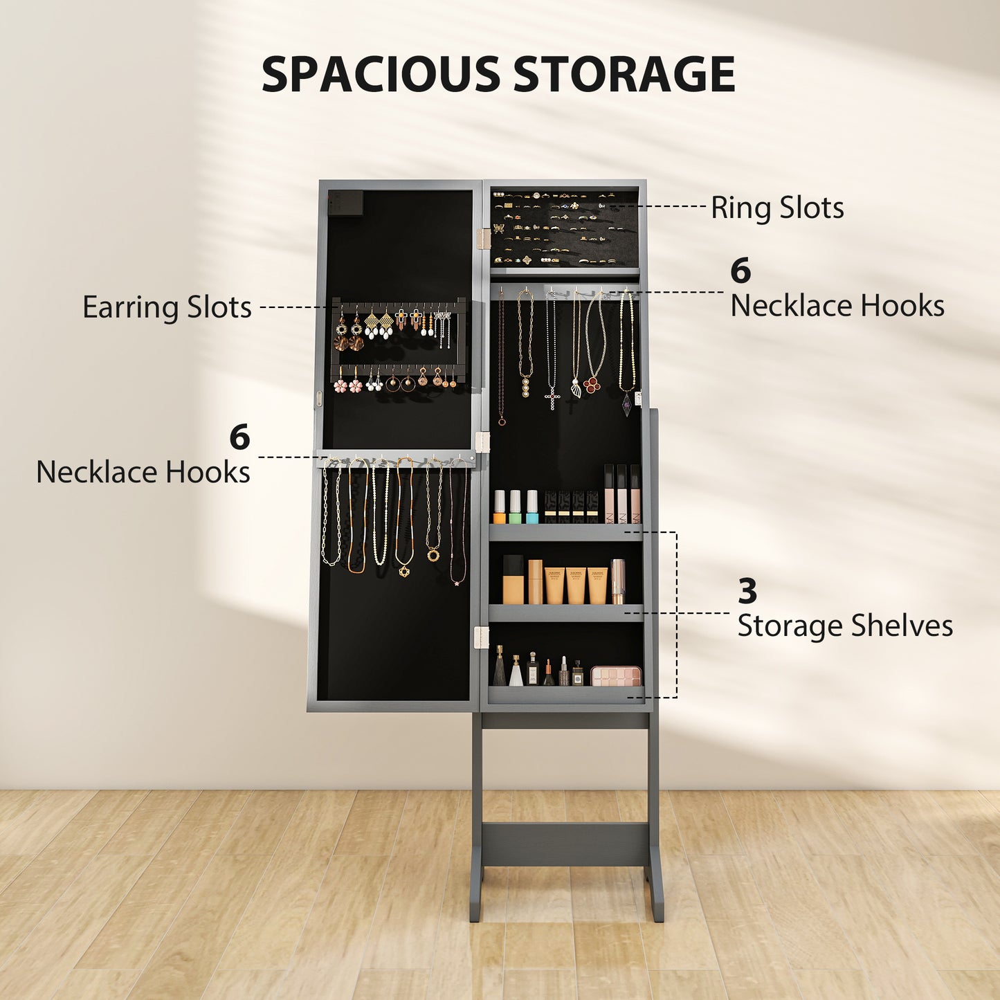 HOMCOM Freestanding Jewelry Cabinet with LED, Adjustable Full-Length Mirror and Organizer for Necklaces, Earrings, Rings, Lipsticks, Grey