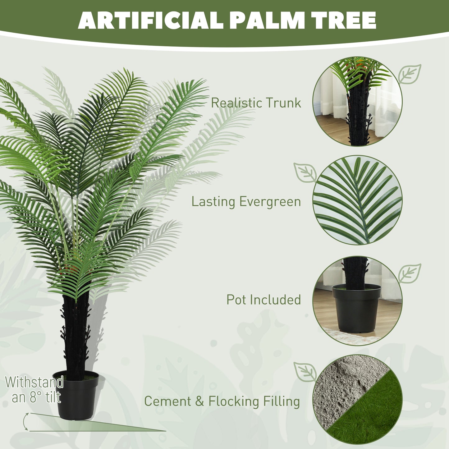 HOMCOM Artificial Areca Palm Tree, 175cm with 16 PE Leaves, Decorative Fake Plant in Plastic Pot with Flocked Soil for Home Office Decor, Green
