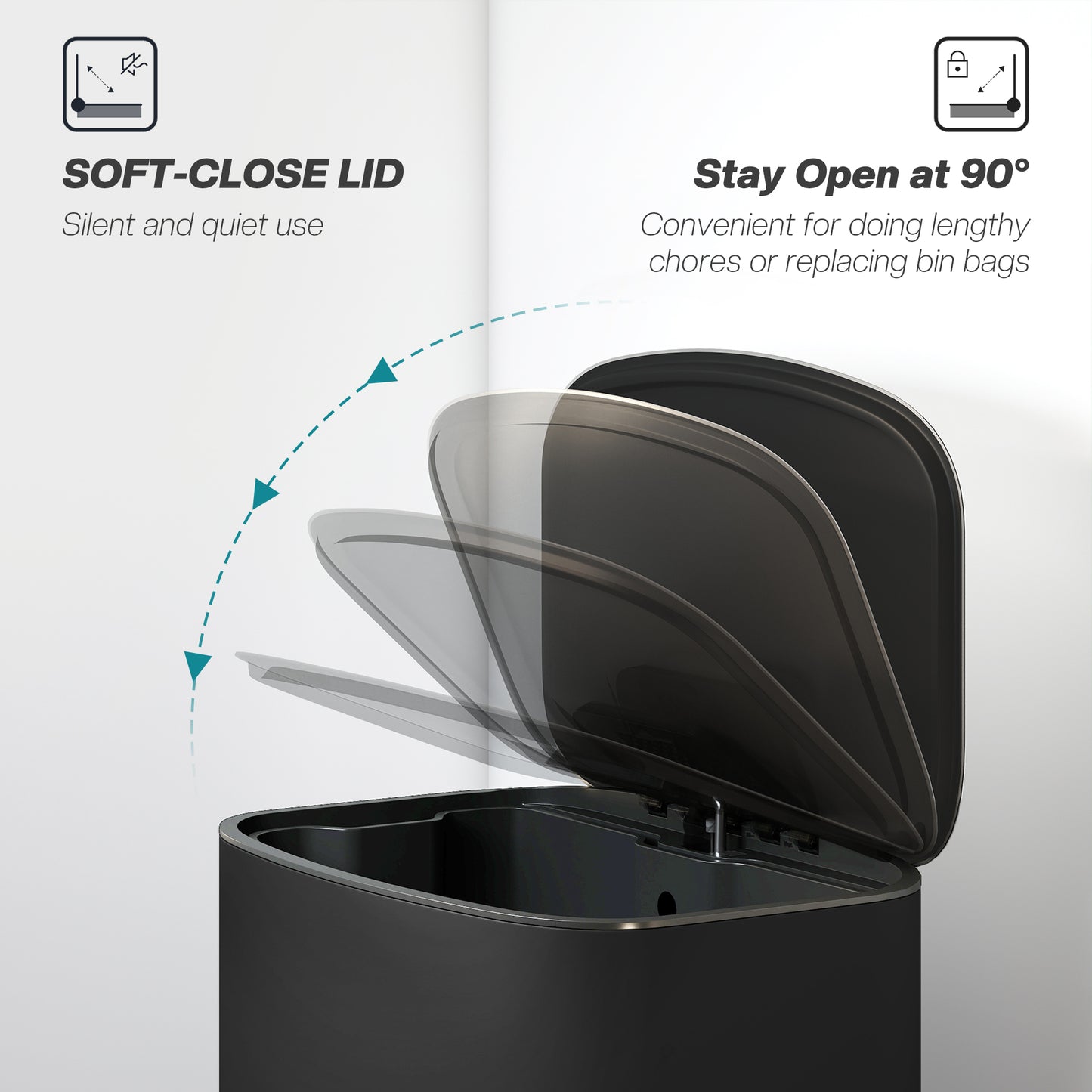 HOMCOM 50L Kitchen Bin with Soft-Close Lid, Stay-Open Function, Removable Inner Bucket, Carry Handle, Stainless Steel Pedal Bin, Black
