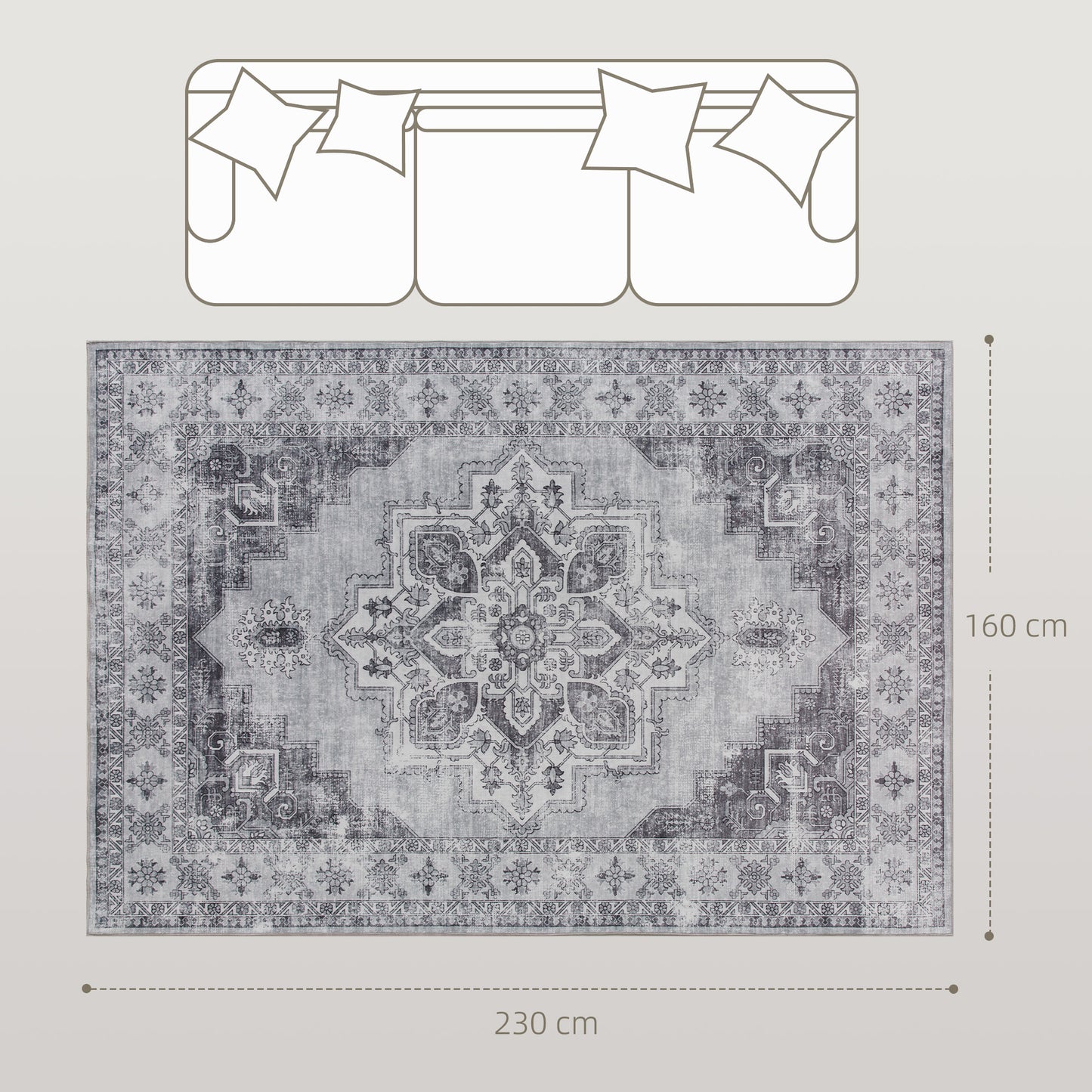 HOMCOM Vintage Area Rug, Floral Pattern, Non-Slip, Washable Flannel Carpet for Living Room, Bedroom, Dining Room, Home Office, 230x160 cm, Grey