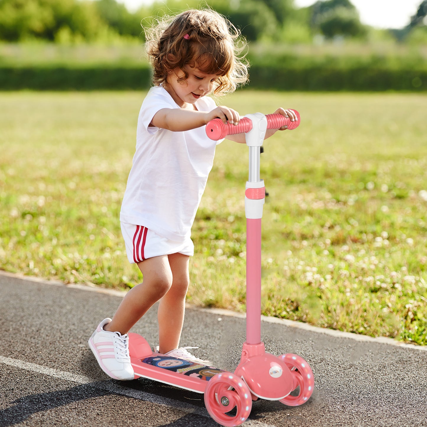 AIYAPLAY Kids 3 Wheel Scooter for 2-6 Years Old w/ Adjustable Height, LED Light, TPE Handlebar, Pink