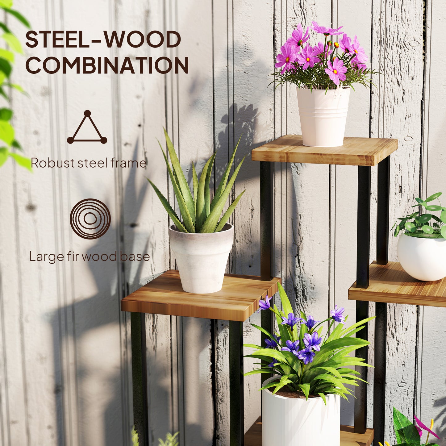 Outsunny Plant Stand: 7 Tier Indoor/Outdoor Corner Steel-Wood Shelf, Tall Display Rack for Multiple Plants, Carbonised Finish