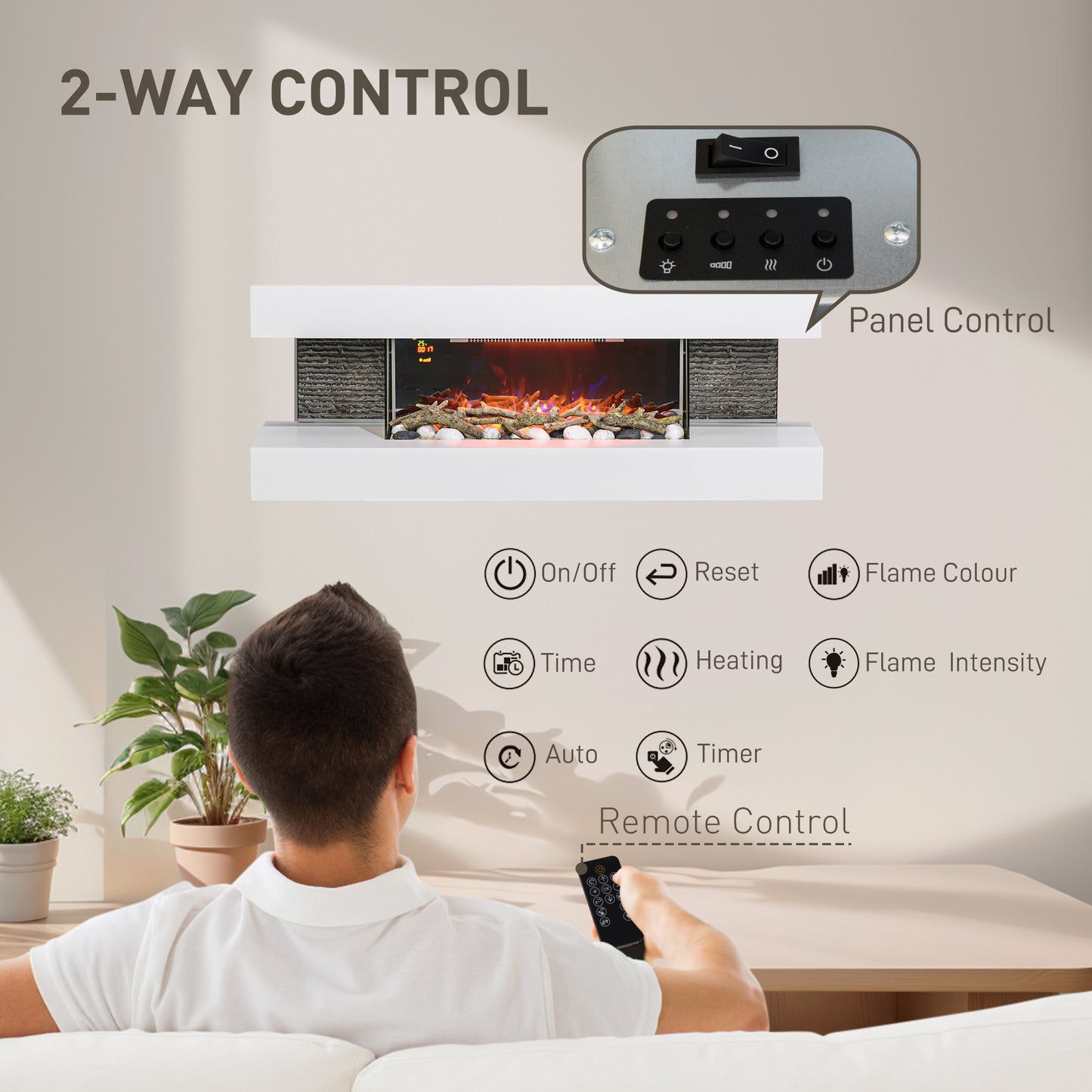 HOMCOM 47inch / 120cm Electric Fireplace Wall Mounted, Freestanding, Glass Electric Fire Suite with Mantel