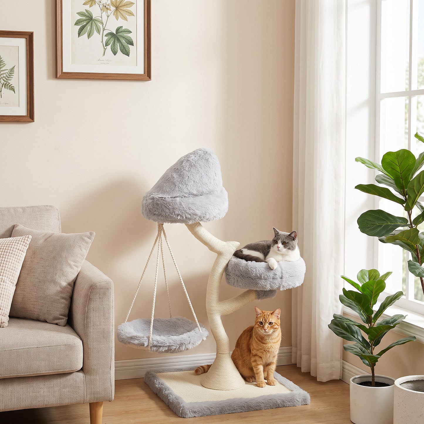 PawHut 115 cm Modern Cat Tree Tower for Large Cats with Sisal Scratching Post, Holds 1 Cat up to 6kg, Machine-Washable Beds