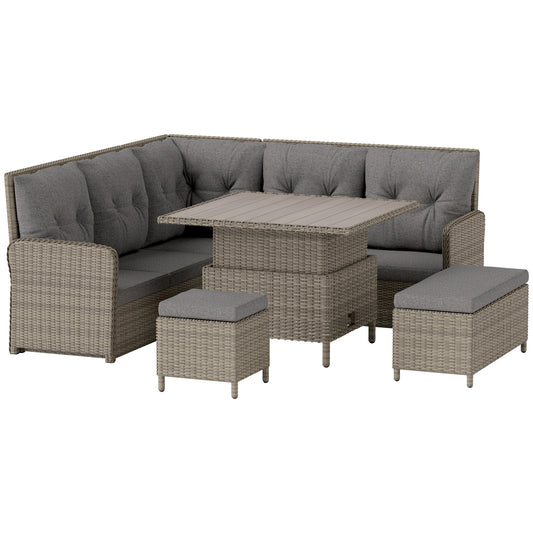 Outsunny 6-Piece Rattan Garden Furniture Set, Patio Corner Sofa w/ Cushions & Liftable Coffee Table, Grey