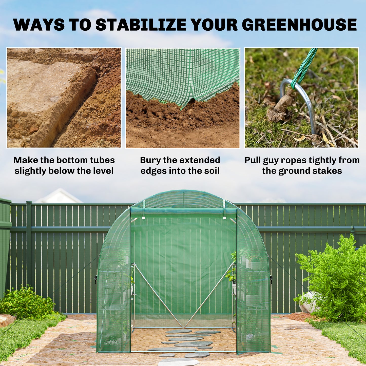 Outsunny Walk-in Greenhouse with Shelves, Polytunnel Greenhouse with Roll-Up Door, 6 Mesh Windows,198 x 275 x 191 cm, Green