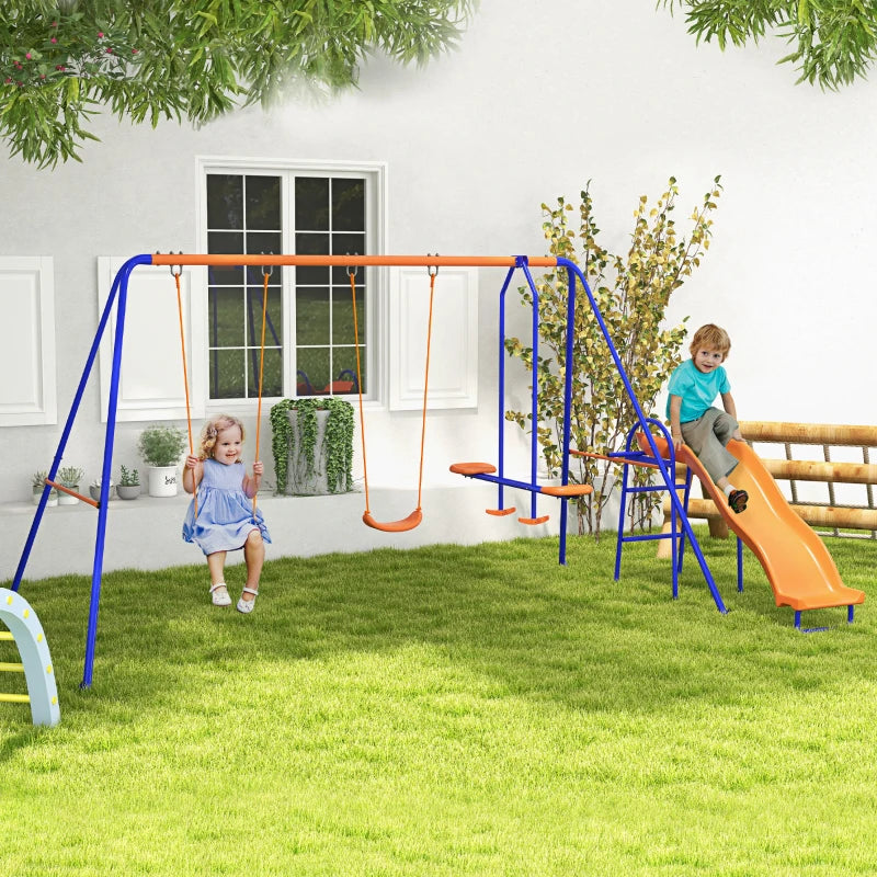 Outsunny 4 in 1 Metal Garden Swing Set with Double Swings Glider Slide Ladder Orange