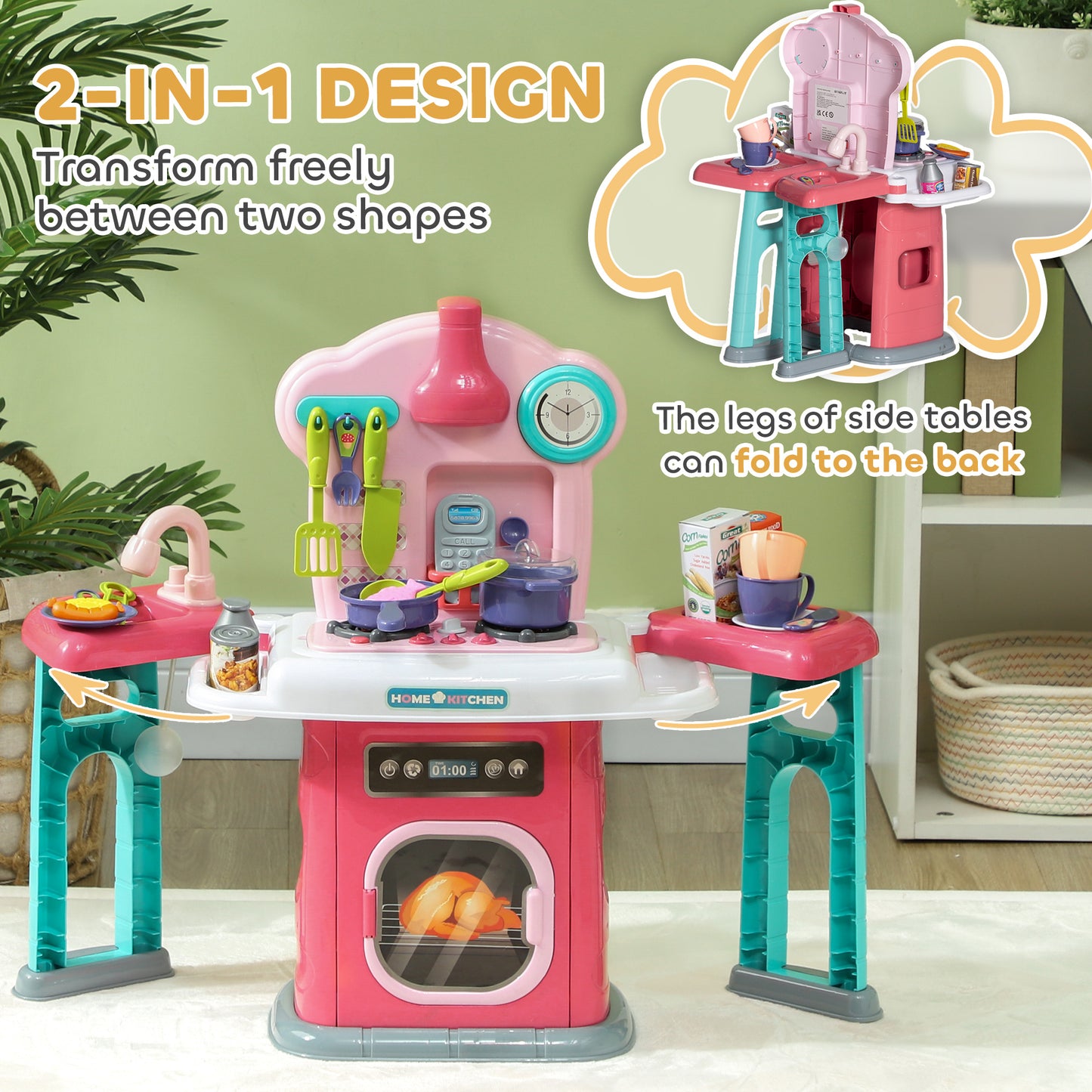 AIYAPLAY Toy Kitchen 45 Pieces Kids Kitchen with Rotating Side Tables for Children 3-6 Years Pink