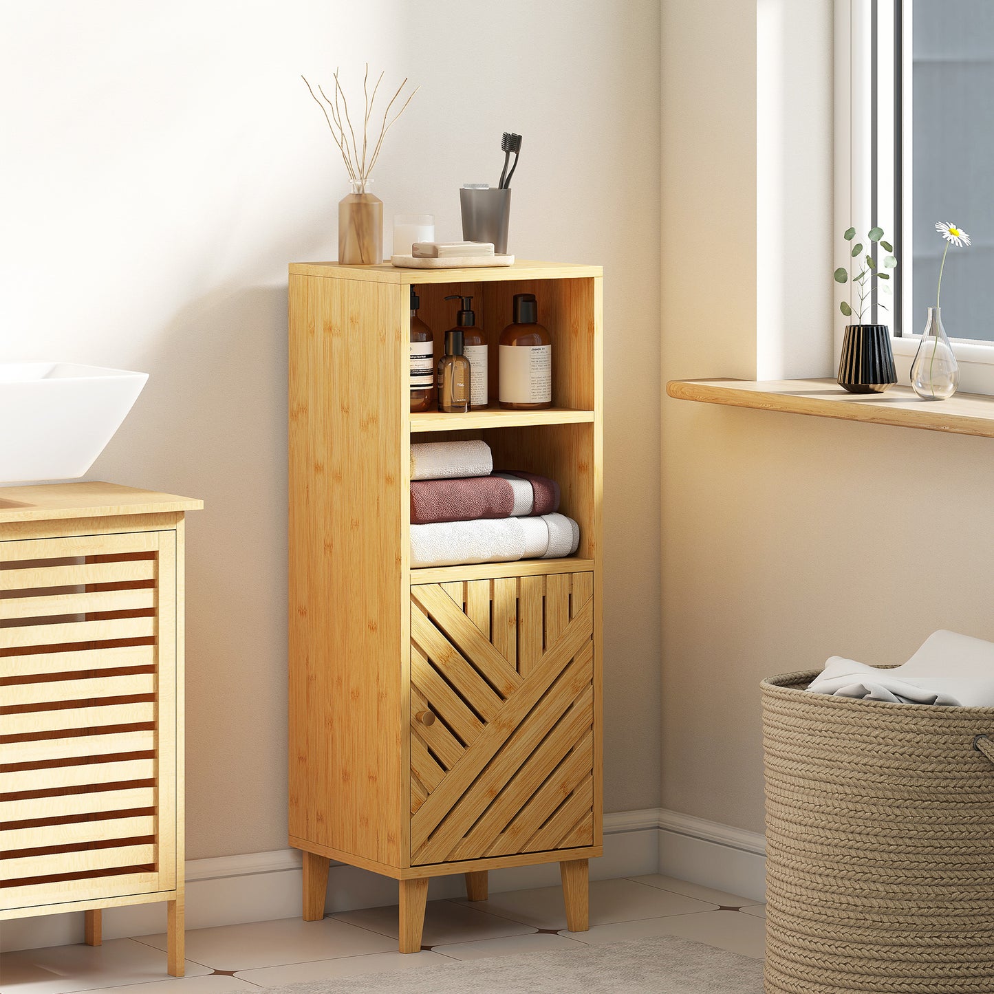HOMCOM Slim Bathroom Cabinet, Narrow Freestanding Storage Cupboard with Bamboo Door and Legs, Open Compartments, Natural Wood Finish.