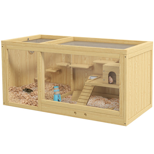 PawHut Wooden Hamster Cage with Water Bottle, Platforms, Openable Roof, Sliding Tray, Hut, Seesaws, Natural Wood Finish