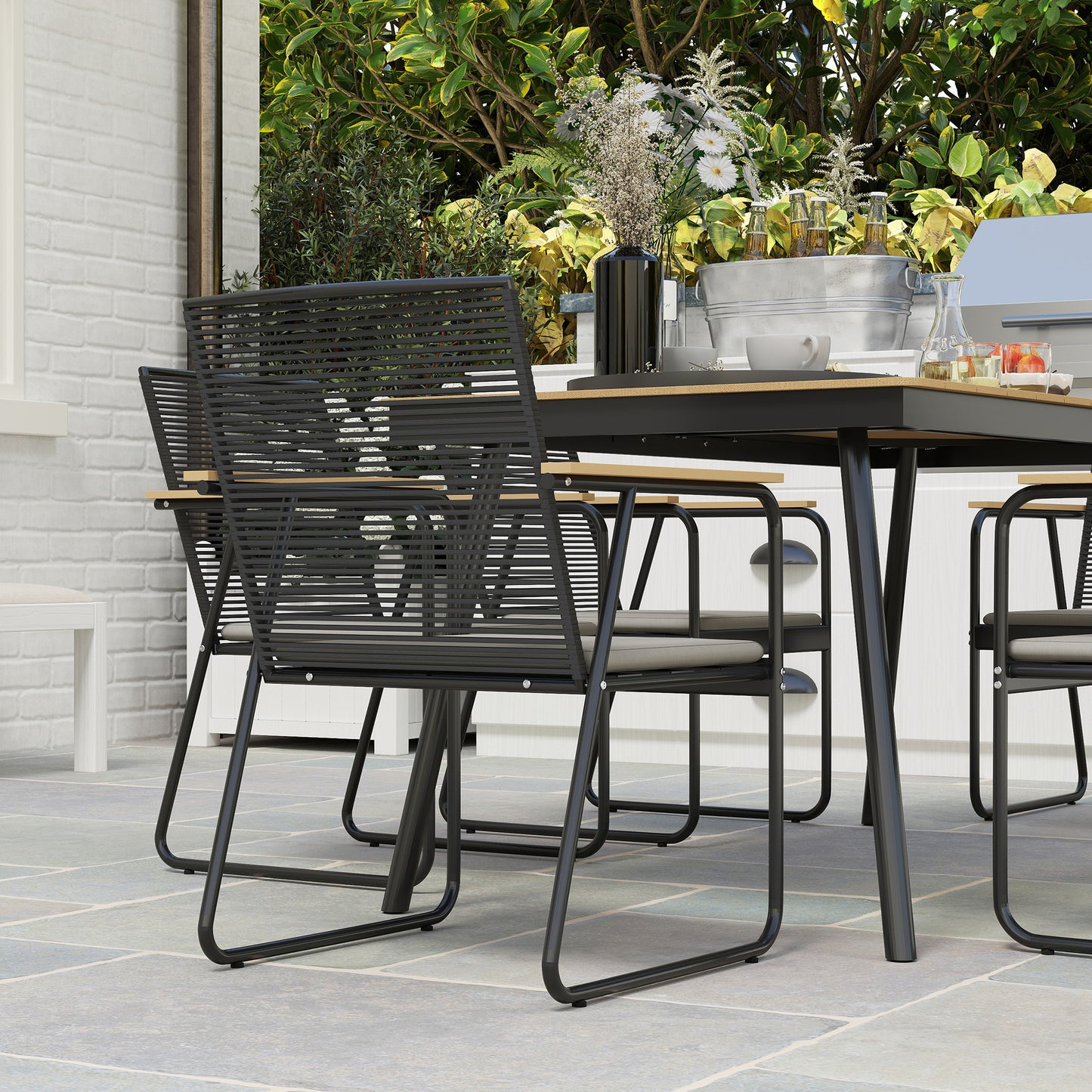 Outsunny 6 Seater Garden Dining Set, Rattan Backrest, Plastic Top, Soft Cushions, for Patio, Balcony, Poolside, Nature Wood Finish