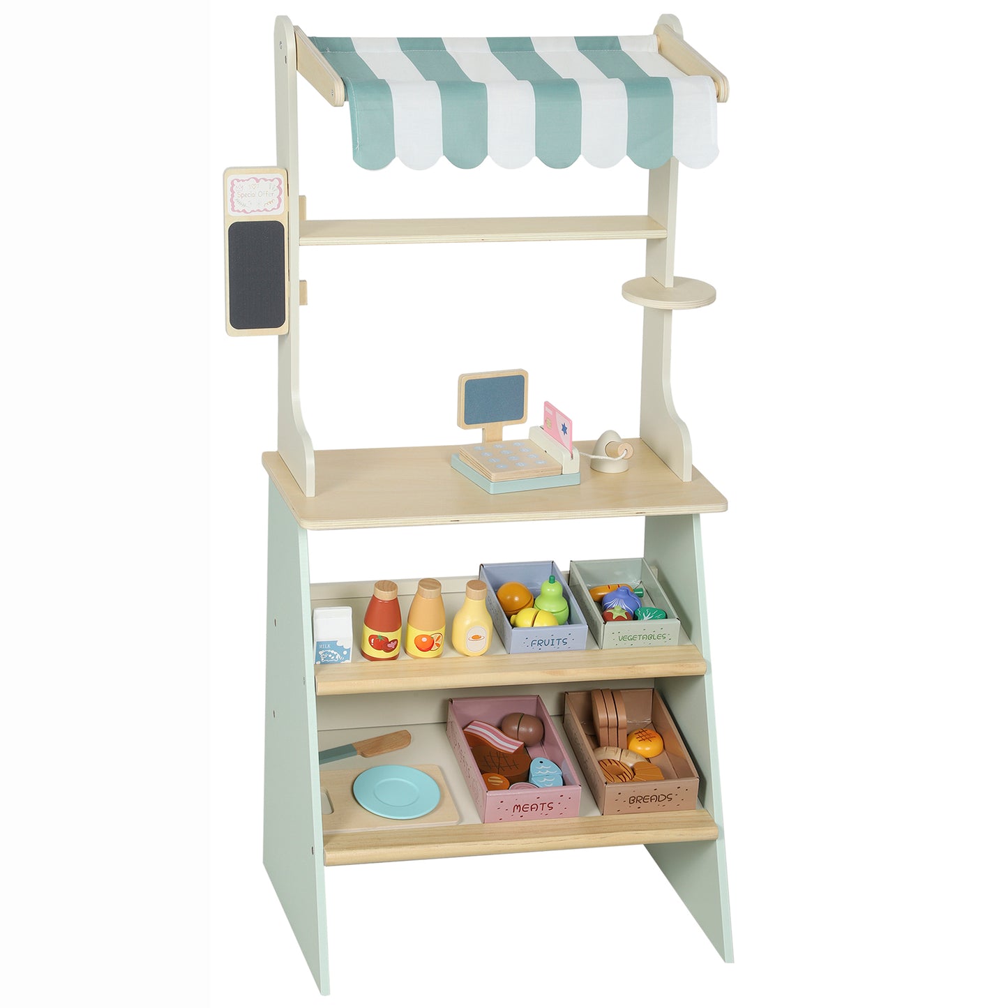 AIYAPLAY Wooden Toy Shop, Wooden Market Stall with Cash Register, Blackboard and Toy Food, 4 Storage Boxes, Ages 3+, Green