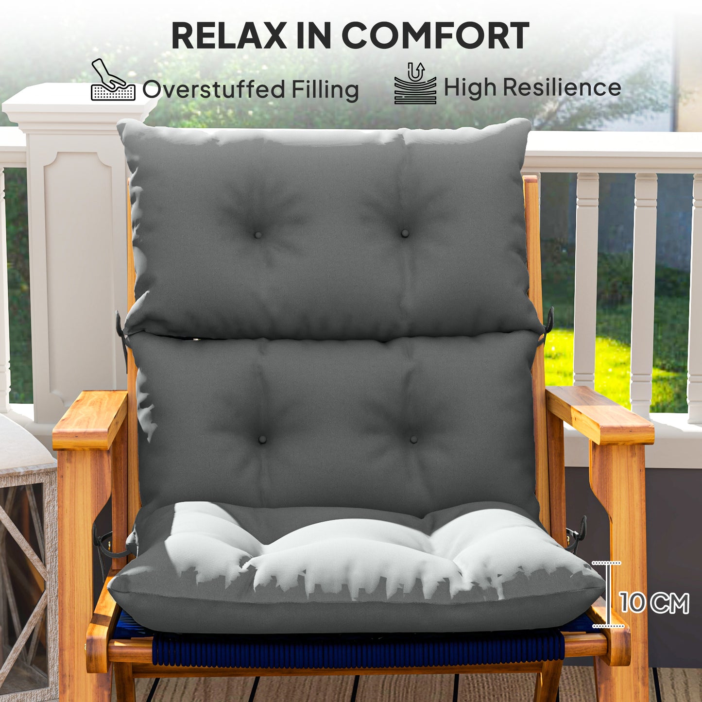 Outsunny Tufted Adirondack Chair Cushion, Thick Pad with Backrest & Ties, Light Grey