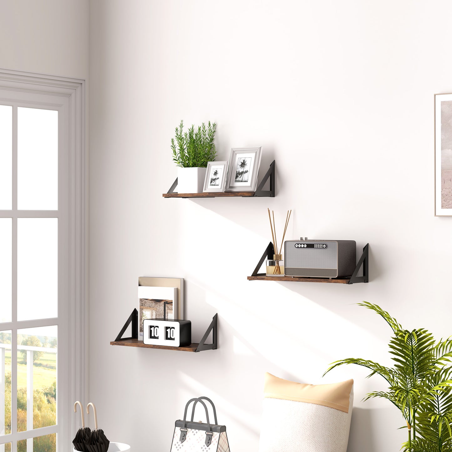 HOMCOM Set of 3 Wall Mounted Floating Shelves, Vintage Wall Shelves for Living Room, Entryway, Bedroom, Rustic Brown
