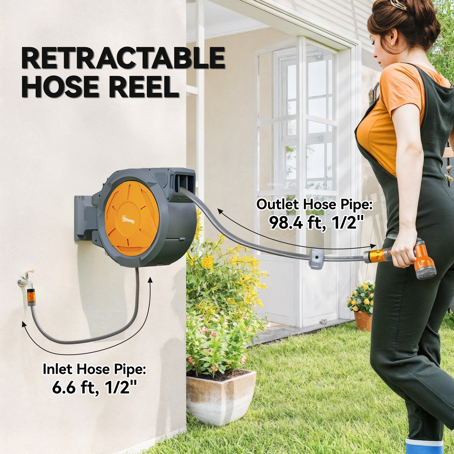 Outsunny Retractable Hose Reel, Wall Mounted, 32m, Auto Rewind, 7-in-1 Spray Nozzle, Wall Fixings, 180° Swivel, Garden Watering, Orange
