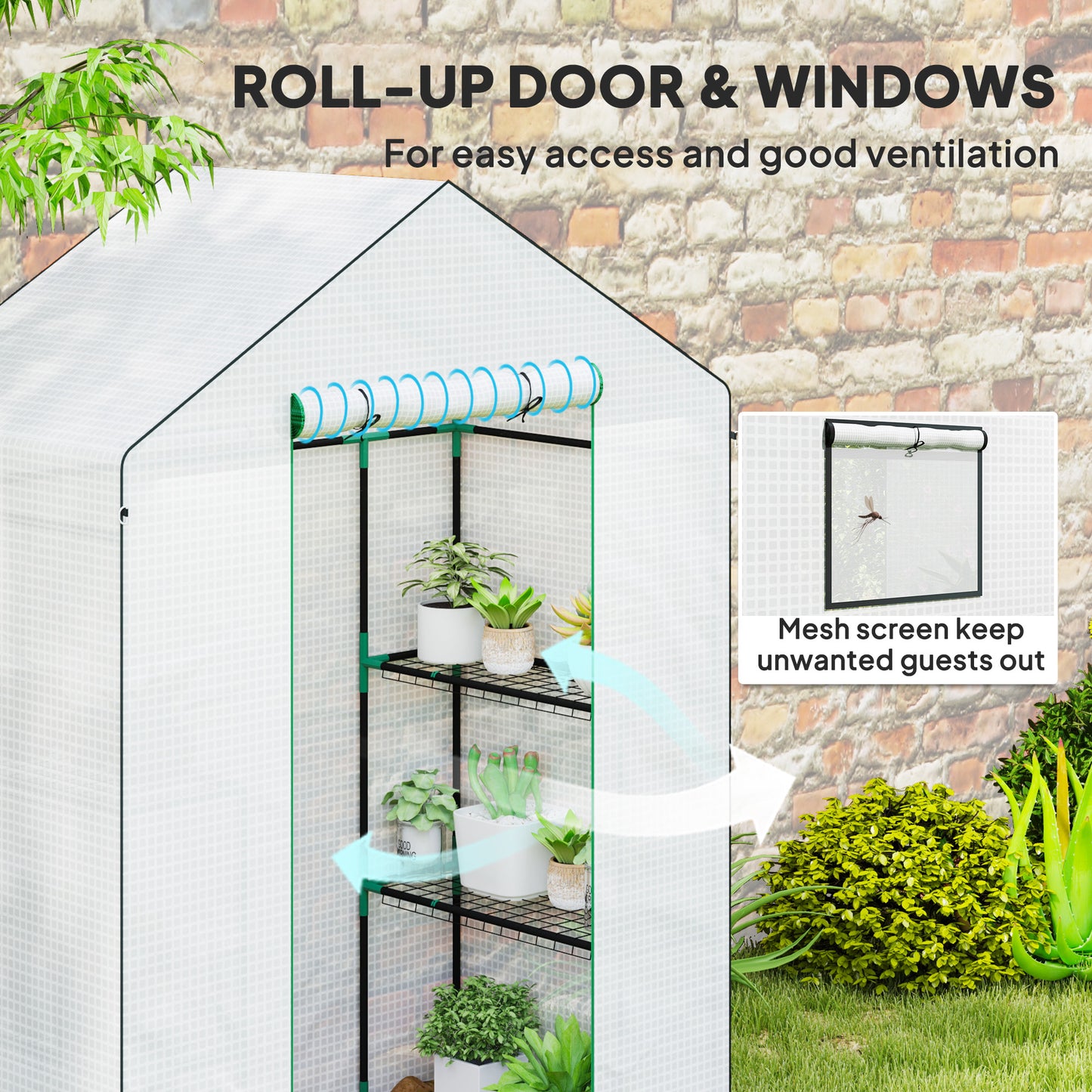 Outsunny Walk-in Greenhouse with 3 Tiers & 4 Shelves, Reinforced PE Cover, Roll-up Door, 143x74x190cm, White