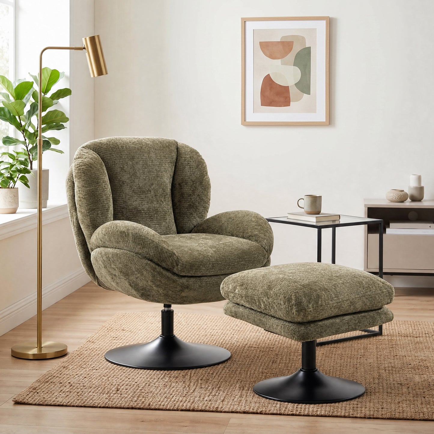 HOMCOM Modern Chenille Lazy Chair with Ottoman, 360° Swivel, Upholstered Reading Seat Set for Living Room, Dark Green